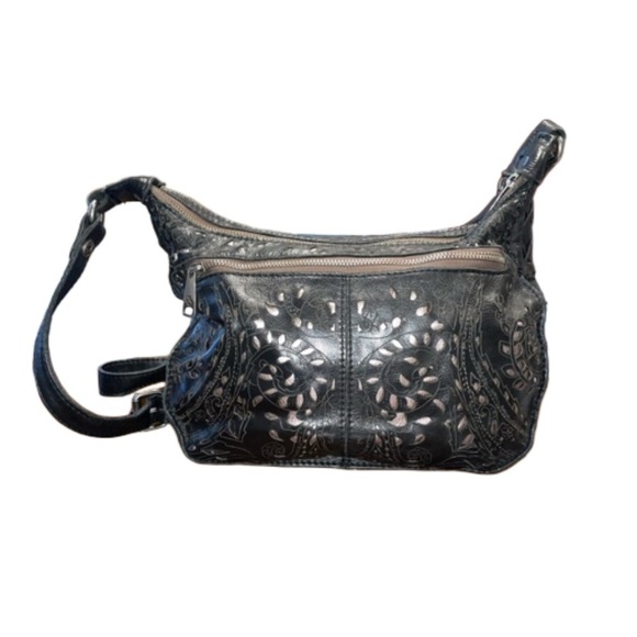 Patricia Nash embossed black leather bag cut outs reveal silver underneath. B5 - Picture 5 of 13